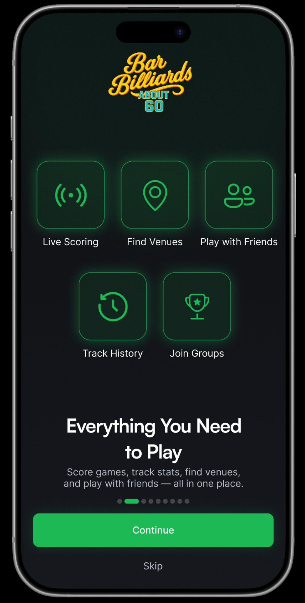 About60 app screen showing live scoring, venues, friends, history and groups