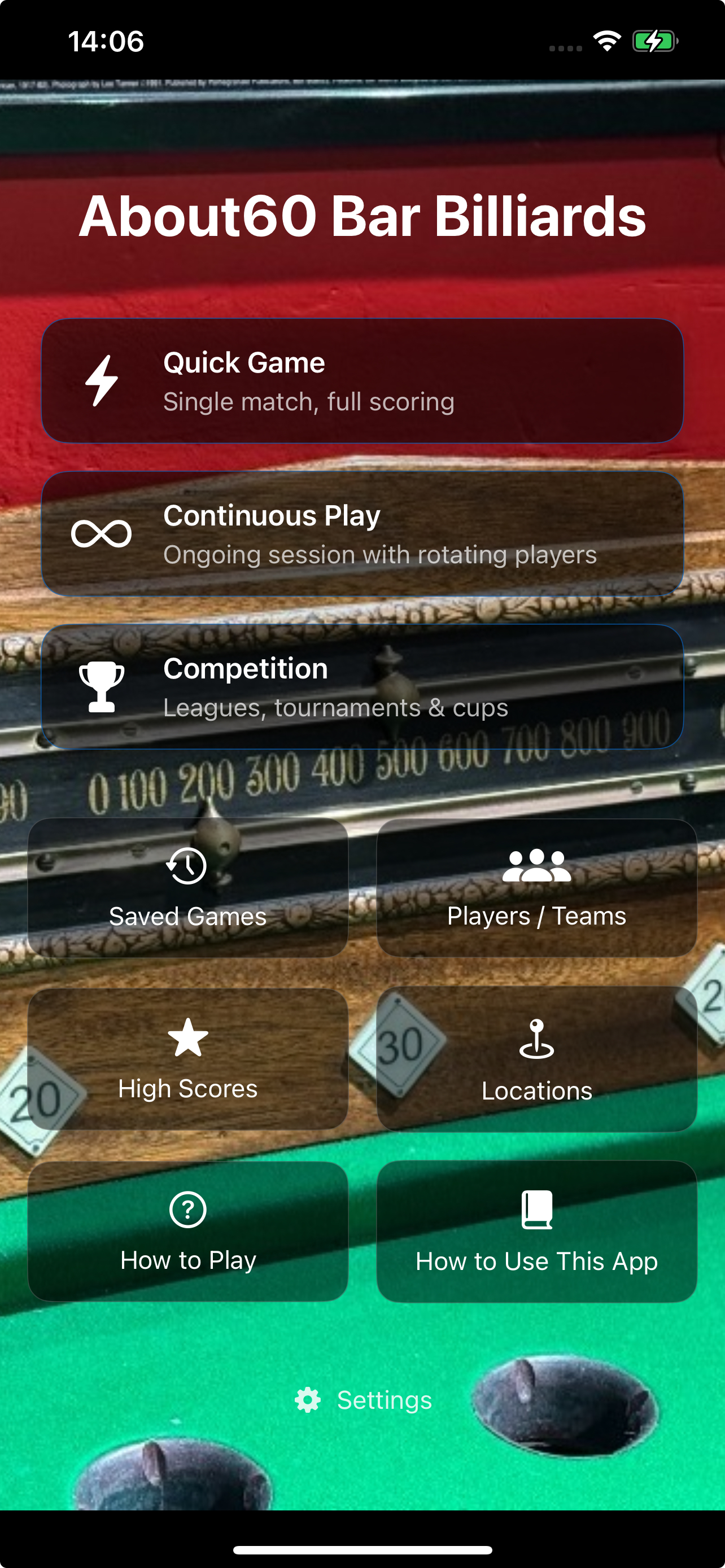 About60 Bar Billiards app – home screen