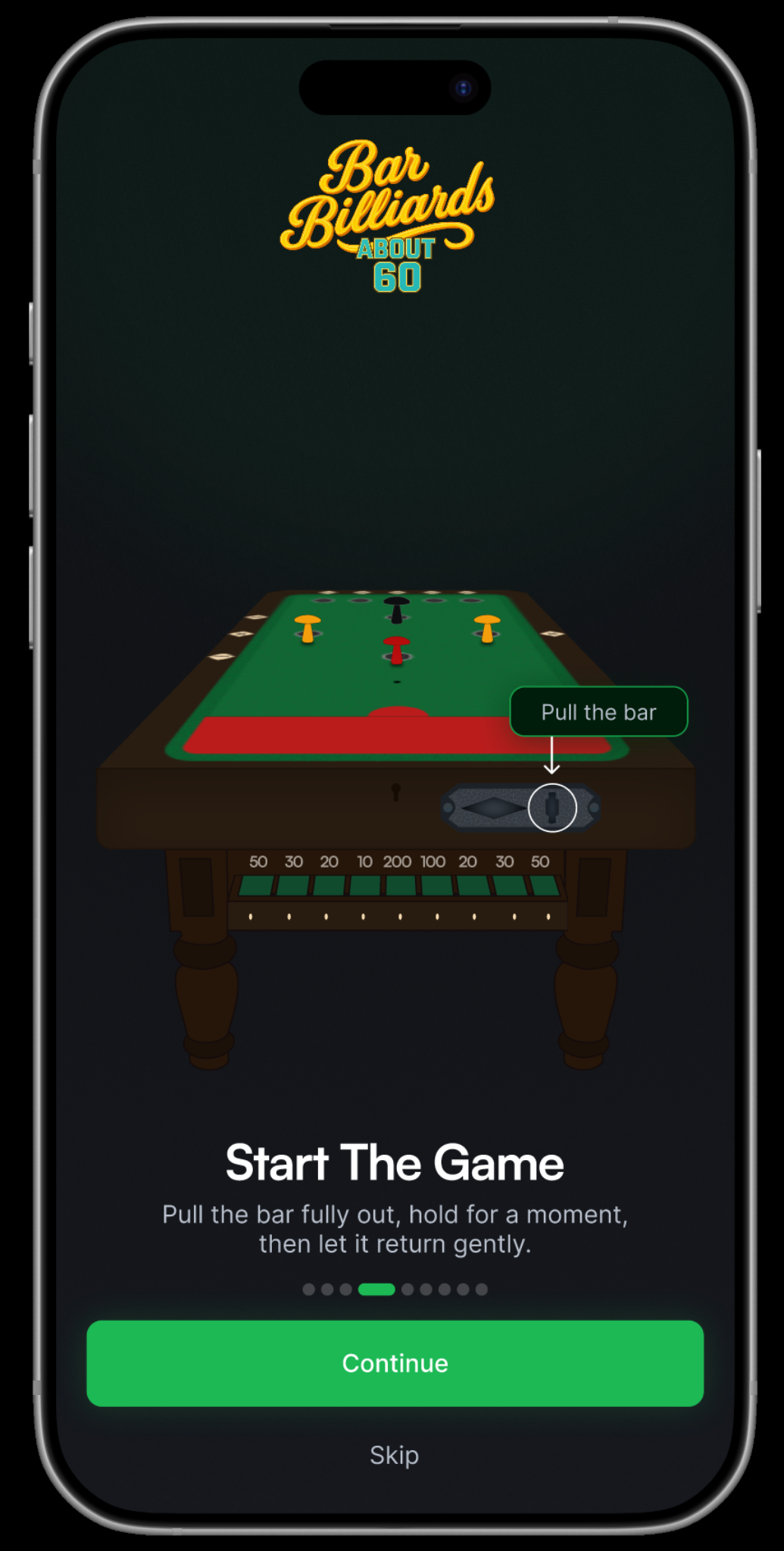 About60 onboarding screen showing how to start the game