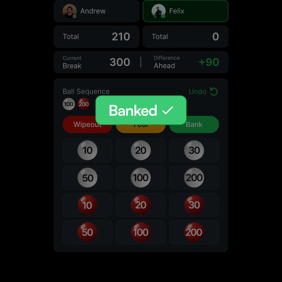 About60 live scoring screen with banked shot feedback