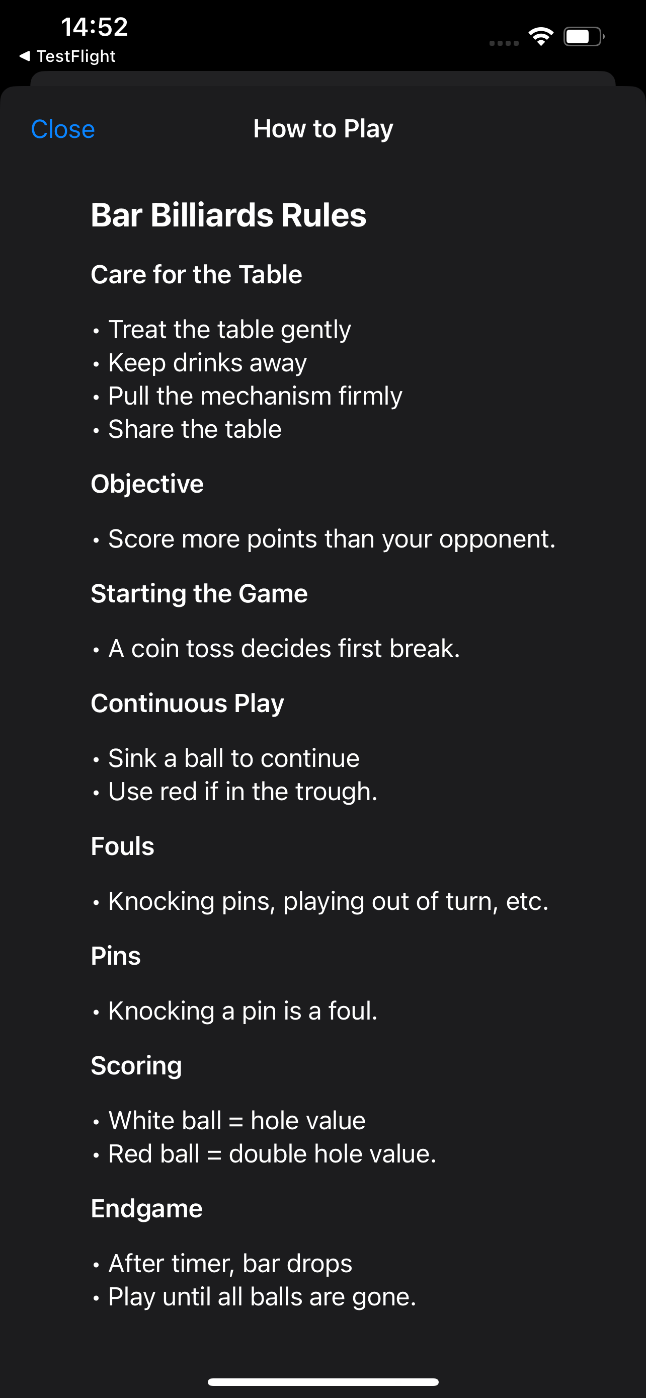 How to play rules screen